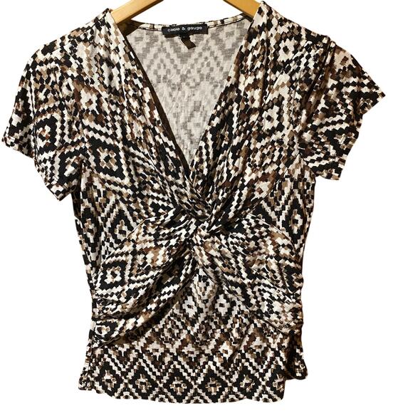 cable & gauge geometric neutral print top size small work office casual layering - Picture 1 of 4